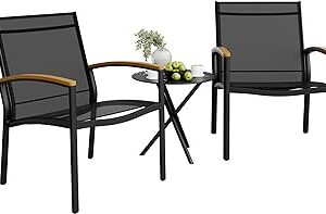 Shintenchi 3 Pieces Patio Bistro Sets, Outdoor Textilene Fabric Conversation Bistro Set, Textilene Fabric Front Porch Chairs Small Patio Furniture Set with Table for Lawn,Garden,Balcony (Black)