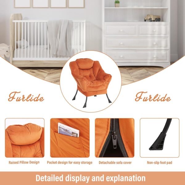 Lazy Chair with Ottoman, Modern Chair with Folding Footrest, Lounge Accent Chair, Comfortable Reading Chair, Oversized Armchairs for Bedroom, Study, Living Room, Courtyard (Velvet Orange) - Image 3