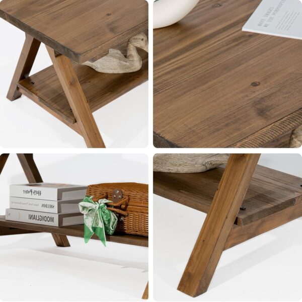 Solid Wood Coffee Table - 42.5” Firwood Farmhouse Rustic Wooden Coffee Tables for Living Room, Solid Firwood Rectangle Coffee Table, Center Table for Living Room, Brown - Image 5