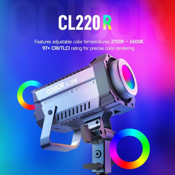 Colbor CL220R RGB Photography Lighting,220W COB Led Video Light 2700K-6500K,1.6KG Lightweight with DC/AC Power Supply,App Control for Video Studio Filmmaking - Image 2