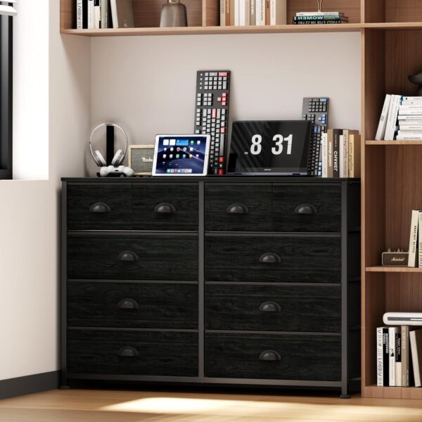 Furnulem 10 Drawer Dresser for Bedroom, Chest of Drawer for 55'' Long TV Stand Entertainment Center, Storage Organizer for Closet, Living Room, Entryway, Fabric Bins, Wood Top, Metal Frame(Black Oak) - Image 2