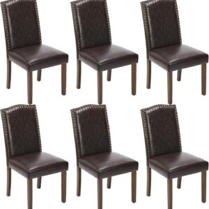 Sweetcrispy Dining Chairs Set of 6, Upholstered Leather Kitchen Room Chairs Mid Century Modern High-End Dining Room Side Chairs with Nailhead Trim and Wood Legs for Bedroom, Living Room, Brown