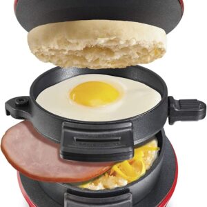 Hamilton Beach Breakfast Sandwich Maker with Egg Cooker Ring, Customize Ingredients, Perfect for English Muffins, Croissants, Mini Waffles, Perfect White Elephant Gifts, Red (25476)