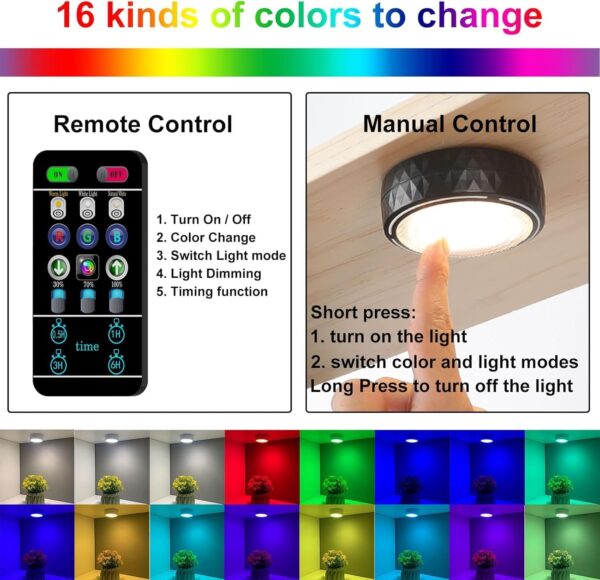 Onumii LED Puck Lights Battery Operated LED Under Cabinet Lighting Wireless Stick on Tap Lights with Remote Controll Color Changing Timer Function for Cabinets, Shelves, Closets - 6Pack White - Image 3