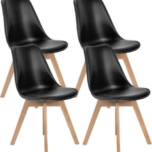 Sweetcrispy Dining Chairs, Dining Chairs Set of 4, Dining Room Chairs, Kitchen Chairs, Mid Century Modern Chairs, PU Leather Upholstered Chairs with Wood Legs, Kitchen & Dining Room Chairs, Black