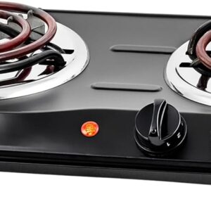 OVENTE Electric Countertop Double Burner, 1700W Cooktop with 6" and 5.75" Stainless Steel Coil Hot Plates, 5 Level Temperature Control, Indicator Lights and Easy to Clean Cooking Stove, Black BGC102B