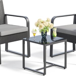 Gizoon 3 Pieces Patio Set Outdoor Wicker Furniture Sets, Modern Rattan Chair Conversation Sets with Coffee Table, for Yard, Bistro, Garden, Balcony, Poolside, Grey