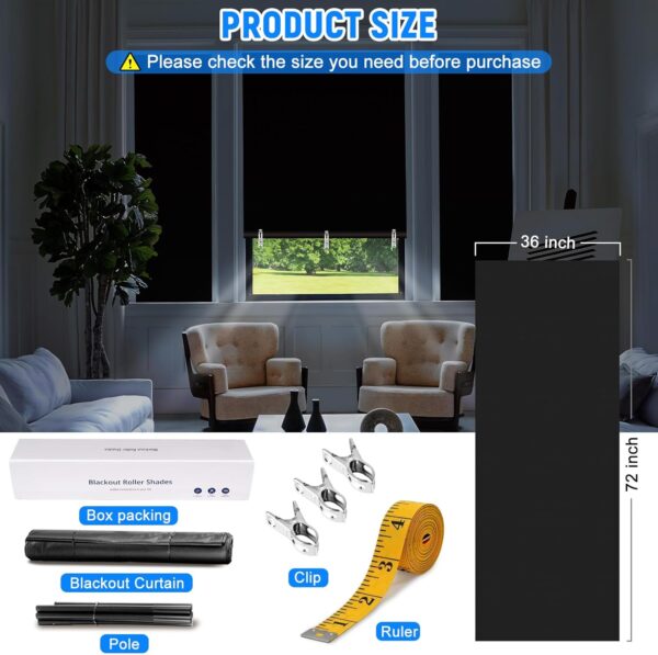 Blackout Curtains for Bedroom, Self Adhesive Indoor Blackout Blinds, No Drilling or Tools, UV Protection, Portable Roller Window Shades for Living Room Office or RV Travel (36" W*72" H, Black) - Image 3