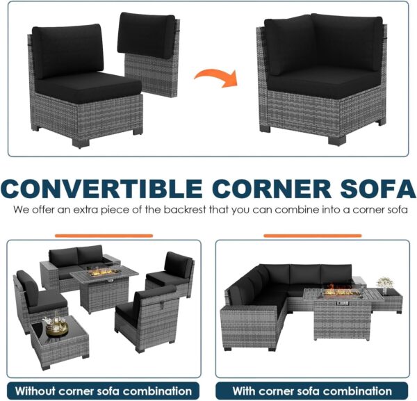 7 Piece Patio Furniture Set with Fire Pit Table, Outdoor Conversation Sets Wicker Rattan Sectional Sofa with Coffee Table, 4'' Thickened Cushion Navy Blue (Include Waterproof Cover) - Image 5