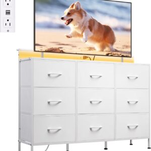 WLIVE Wide Fabric 9-Drawer Dresser for Bedroom, White Dresser TV Stand with LED Light & Power Outlet, Chest of Drawers for Clothing, Large Storage & Wood Top for Hallway, Entryway