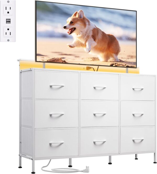 WLIVE Wide Fabric 9-Drawer Dresser for Bedroom, White Dresser TV Stand with LED Light & Power Outlet, Chest of Drawers for Clothing, Large Storage & Wood Top for Hallway, Entryway