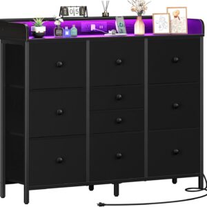 Yoobure Dresser for Bedroom with Charging Station and LED Lights, Tall Dresser TV Stand With 10 Storage Drawers,Fabric Black Dressers & Chests of Drawers,Wood Dresser for Kids Bedroom Closet Organizer