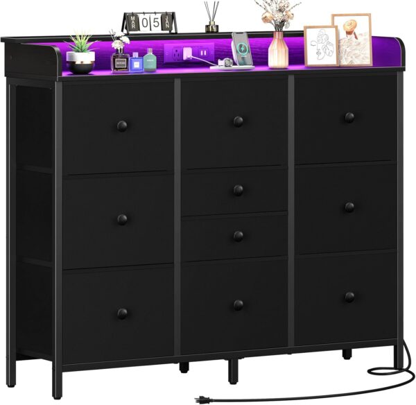 Yoobure Dresser for Bedroom with Charging Station and LED Lights, Tall Dresser TV Stand With 10 Storage Drawers,Fabric Black Dressers & Chests of Drawers,Wood Dresser for Kids Bedroom Closet Organizer