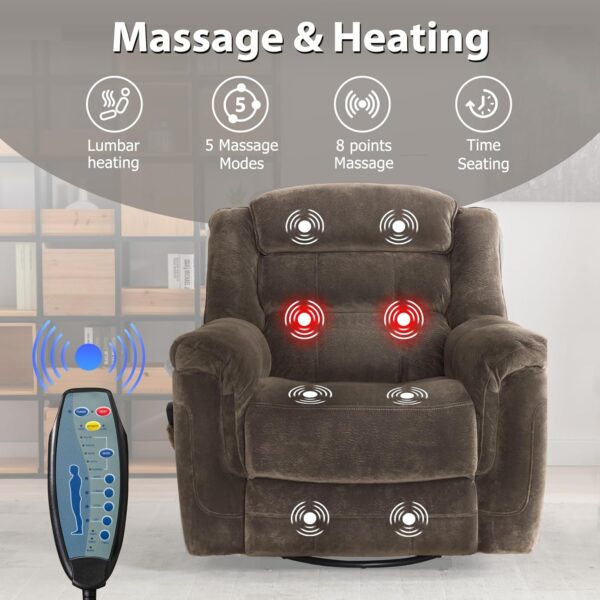 Swivel Rocker Recliner Chair with Massage and Heat, Manual Rocker Recliner Chair With Massage Vibrating for Living Room, 360° Swivel Rocker Recliner, Overstuffed Soft Fabric Heated Recliner, Grey - Image 5