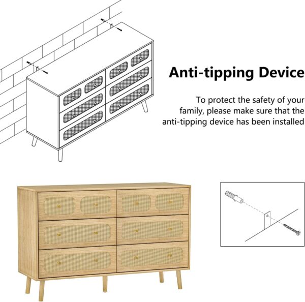 Rattan Dresser for Bedroom, Modern 6 Drawer Double Dresser with Gold Handles, Natural Wood Storage Dressers & Chests of Drawers, 6 Drawer Dressers - Image 7