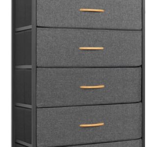 Tall Dresser for Bedroom, Vertical Storage Organizer Tower with 7 Drawers, Chest of Drawers with Fabric Bins, Steel Frame, Wood Top for Bedroom, Closet, Entryway- Grey