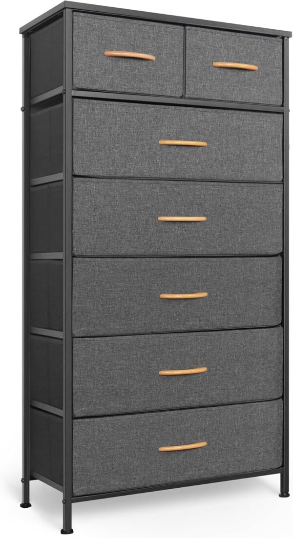 Tall Dresser for Bedroom, Vertical Storage Organizer Tower with 7 Drawers, Chest of Drawers with Fabric Bins, Steel Frame, Wood Top for Bedroom, Closet, Entryway- Grey