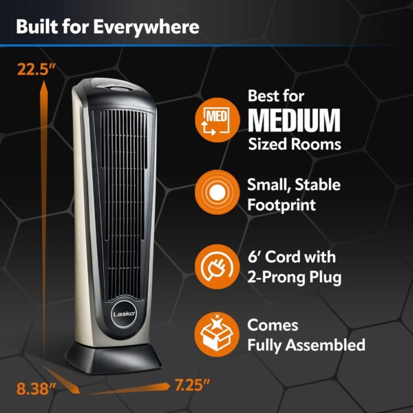 Lasko Oscillating Ceramic Tower Space Heater for Home with Adjustable Thermostat, Timer and Remote Control, 22.5 Inches, Grey/Black, 1500W, 751320 - Image 5