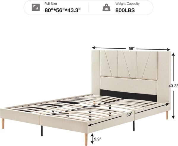 Flolinda Full Size Bed Frame Upholstered Platform with Complete Headboard and Strong Wooden Slats, No Box Spring Needed, Easy Assembly,Beige - Image 2