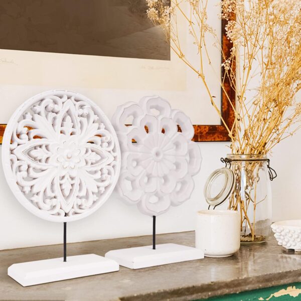 AXEARTE 2 Pack Wooden Carved Cutout Flower Medallion Sculpture, Rustic Distressed White MDF Statues Home Tabletop Decor, Decorative Ornaments for Living Room, Bedroom, Office Desktop, Cabinets - Image 7
