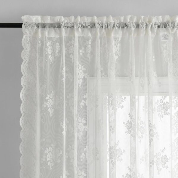 Kotile Short Lace Curtains 36 Inch Length 2 Panels Set, Country Rustic Floral Lace Kitchen Window Curtains Over Blinds, Rod Pocket Privacy Vintage Sheer Lace Café Curtains, Each 52 x 36 Inch, Ivory - Image 2
