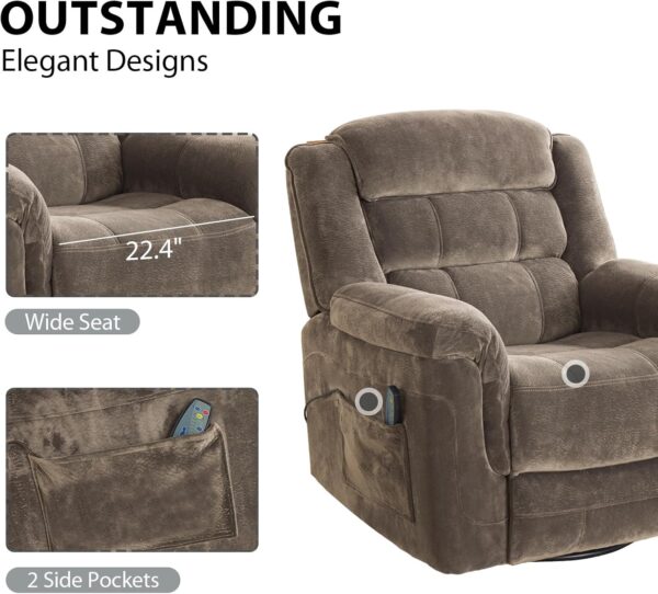 Swivel Rocker Recliner Chair with Massage and Heat, Manual Rocker Recliner Chair With Massage Vibrating for Living Room, 360° Swivel Rocker Recliner, Overstuffed Soft Fabric Heated Recliner, Grey - Image 7