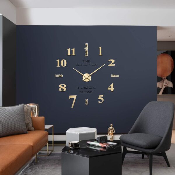 VREAONE Frameless DIY Wall Clock,Large Modern 3D Mirror Wall Clock Decor Sticker DIY Clock kit for Home Living Room Bedroom Office Wall Decorations(Gold) - Image 2