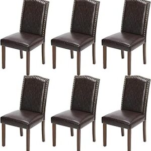 DUMOS Upholstered Dining Chairs Set of 6, Modern Upholstered Leather Dining Room Chair with Nailhead Trim and Wood Legs, Mid-Century Accent Dinner Chair for Living Room, Kitchen, Dark Brown