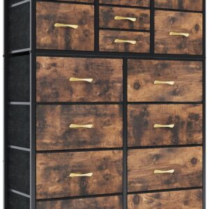 Finnhomy 16 Drawers Dresser for Bedroom, Tall Dressers & Chests of Drawers with Wood Top, Large Fabric Storage Dresser for Bedroom/Living Room/Entryway/Closet, 38" W x 11.8" D x 57.1" H, Rustic Brown