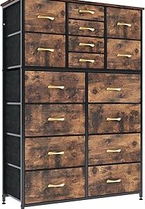 Finnhomy 16 Drawers Dresser for Bedroom, Tall Dressers & Chests of Drawers with Wood Top, Large Fabric Storage Dresser for Bedroom/Living Room/Entryway/Closet, 38" W x 11.8" D x 57.1" H, Rustic Brown