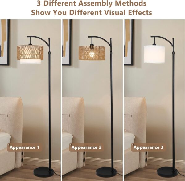 Arc Floor Lamp for Living Room with 3 Color Temperatures, Farmhouse Floor Lamps with Remote & Dimmable Bulb, Boho Standing Lamp with Rattan & Fabric Shades, Adjustable Tall Lamp for Bedroom, Office - Image 5