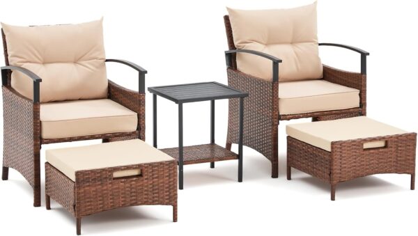 AVAWING 5 Pieces Patio Furniture Set, Outdoor Rattan Chairs with Metal Coffee Table, Ottomans & Soft Cushions, Wicker Conversation Bistro Set for Garden, Deck, Balcony, Poolside(Beige)