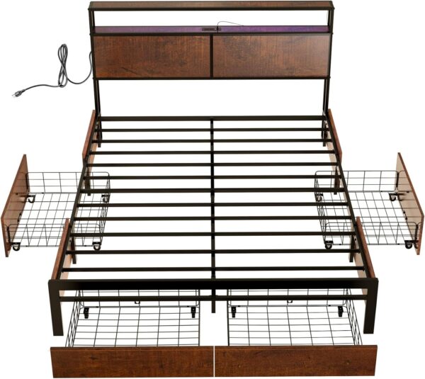 Queen Bed Frame with Storage Headboard and 4 Drawers LED Lights Metal Platform Non-Slip Without Noise Mattress Foundation Strong Metal Slats Support No Box Spring Needed - Image 8