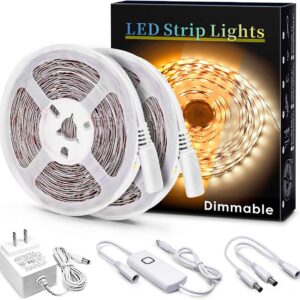 MYPLUS Under Cabinet Lighting Kit, 32.8 Ft Dimmable Led Strip Lights with 600 LEDs,12V, Low Power Safety Adapter, Flexible Tape Light for Kitchen Cabinet,Bedroom,Counter,Shelf (Warm White-3000k)