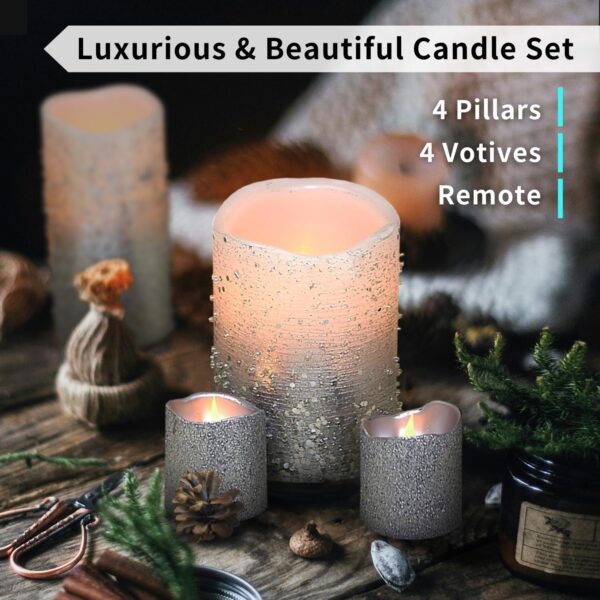 FURORA LIGHTING Silver Glitter LED Candles with Remote and Timer, 4 Pillars and 4 Votives Pack of 8, Real Wax Flameless Flickering Candles for Home Décor, Battery Included - Image 3