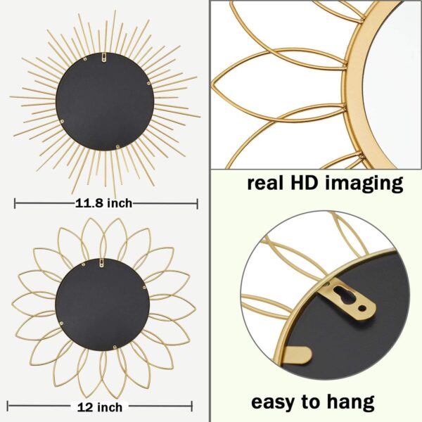 3 Pack Metal Mirrors for Wall Sunburst Wall Mirrors Home Décor Decorative Hanging Wall Art for Living Room Bedroom Entryway (Gold, Flower+Sunburst) - Image 7