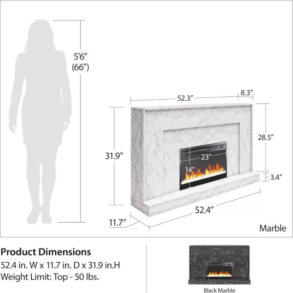 CosmoLiving by Cosmopolitan Liberty 52 Inch Electric Fireplace with Mantel, Replaceable Fireplace Insert Heater, Remote Control, Timer, Color Changing Crystal Ember Flames, Black Marble - Image 7