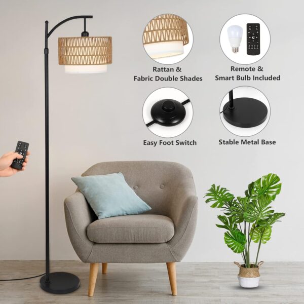 Arc Floor Lamp for Living Room with 3 Color Temperatures, Farmhouse Floor Lamps with Remote & Dimmable Bulb, Boho Standing Lamp with Rattan & Fabric Shades, Adjustable Tall Lamp for Bedroom, Office - Image 4