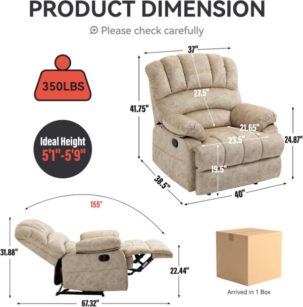 LUXLEN Large Manual Recliner Chair,Soft Fabric Push Back Recliner with Overstuffed Armrest and Backrest, Living Room Single Sofa Recliners,Grey - Image 2