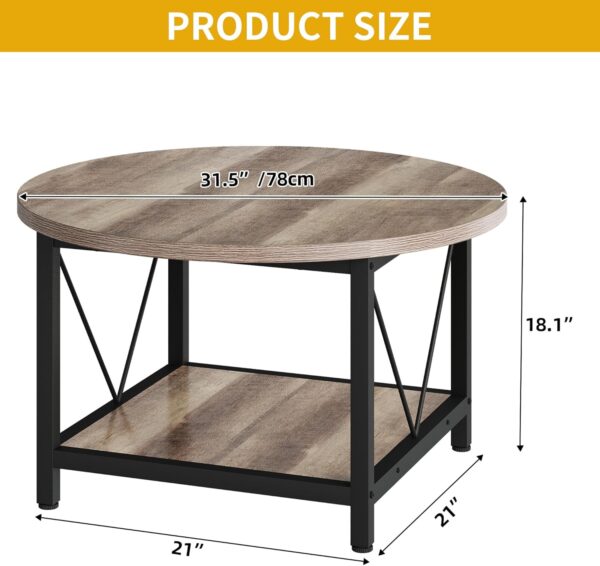 DWVO Round Coffee Table, Coffee Tables for Living Room, Small Coffee Table, 2 Tier Circle Table with Open Storage Shelf, Rustic Wood Coffee Table with Metal Frame, Easy Assembly, Grey Wash - Image 2