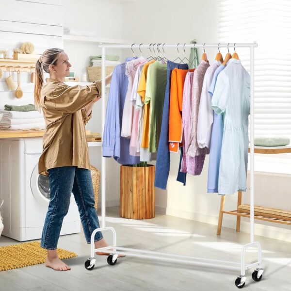 SLEEPING LAMB Heavy Duty Clothes Racks for Hanging Clothing Rack, 43" Wide Rolling Garment Rack Metal Wardrobe Rack with Wheels Closet Hanger Rack for Coats, Shirts, Dress, (White) - Image 7