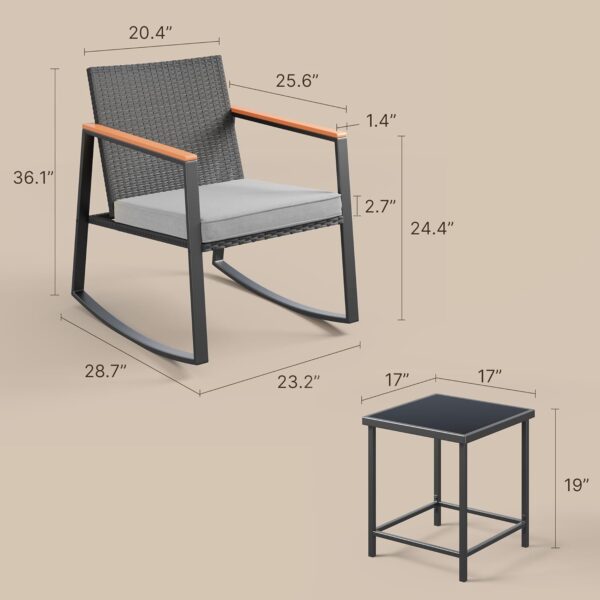 Gizoon 3 Pieces Rocking Patio Bistro Set with Anti-Scald Armrest, Outdoor Patio Wicker Furniture Set with Glass Table and Cushion for Garden, Yard, Porch - Image 4