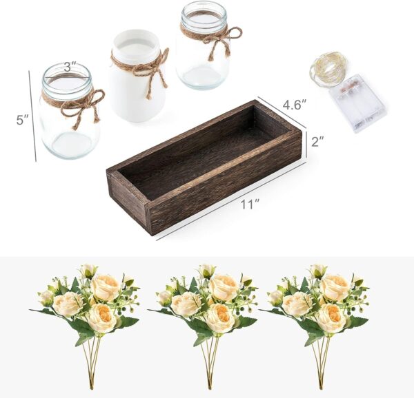 Mkono Mason Jar Lights Centerpiece Table Decorations for Farmhouse Coffee Table Wood Tray 3 Jars Flowers for Kitchen Dining Living Room Summer Fall Decor - Image 6