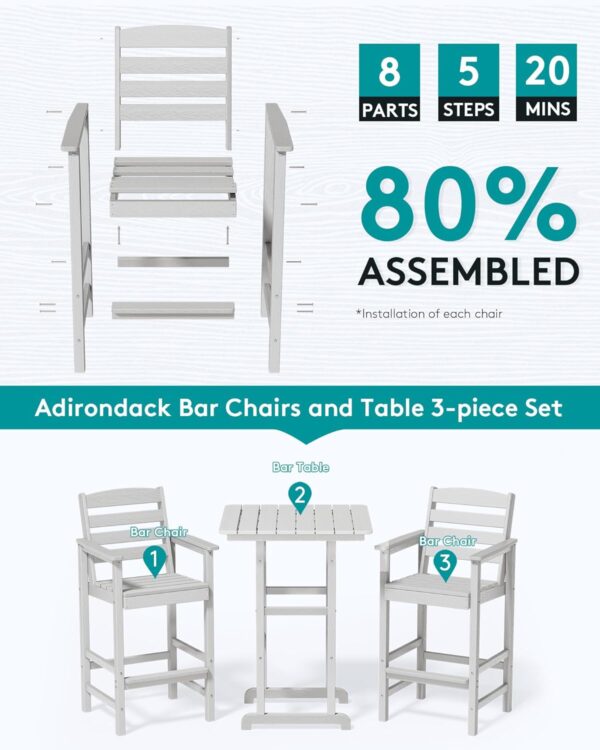 SERWALL 5 Pieces Adirondack Bar Chairs Set, HDPE Adirondack Barstools Chairs with Bar Pub Table, Outdoor Patio Bar Furniture Set for Bistro, Balcony, Poolside, Garden, White - Image 6