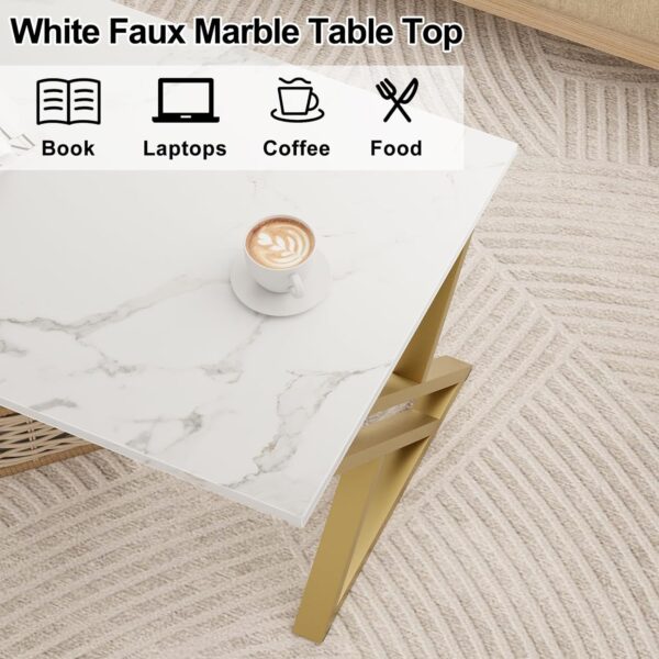 Coffee Table Living Room Table White Center Table, Simple Modern Faux Marble Rectangular Tea Table with Sturdy Gold-Finished Metal Frame,Industrial Wooden Coffee Table for Bedroom Home Office - Image 5