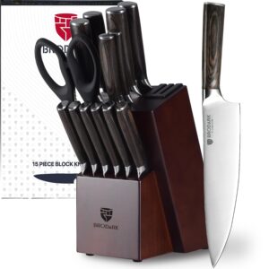 Kitchen Knife Set with Block, Food Grade 15 Pcs German Stainless Steel Professional Chef Knife Set with Knife Sharpener, Full Tang Knife Block Set, Gift Box
