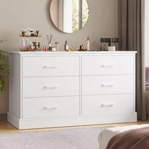 Hasuit 6 Drawer Double Dresser, Wooden Wide Chest of 6 Drawers, Large Capacity Storage Cabinet, White Dresser for Bedroom, Hallway, Entryway (White)