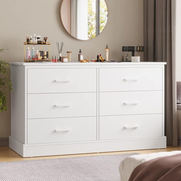 Hasuit 6 Drawer Double Dresser, Wooden Wide Chest of 6 Drawers, Large Capacity Storage Cabinet, White Dresser for Bedroom, Hallway, Entryway (White)