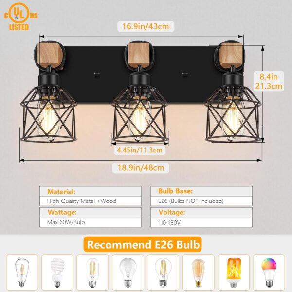 FadimiKoo 3-Light Farmhouse Vanity Light for Bathroom, Wood Bathroom Light Fixtures Over Mirror, Industrial Black Vanity Light with Metal Lampshade for Bedroom Hallway Living Room - Image 2