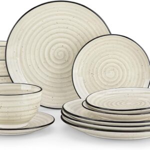 vancasso Dinnerware Sets 12 Pieces Bonbon Beige Dinner Set, Plates and Bowls Sets with Dinner Plates Bowls Handpainted Spirals Pattern Dish Sets, Service for 4